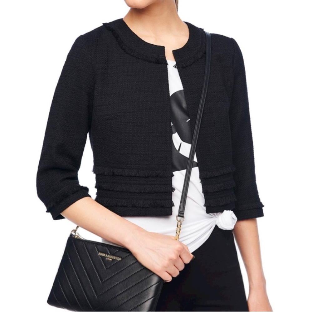Karl Lagerfeld Frayed Cropped tweed jacket in black and white Size medium